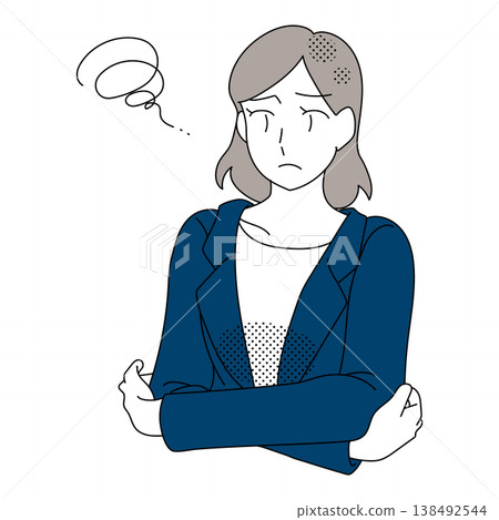 一幅描繪女商人思考時雙臂交叉的插圖。 138492544