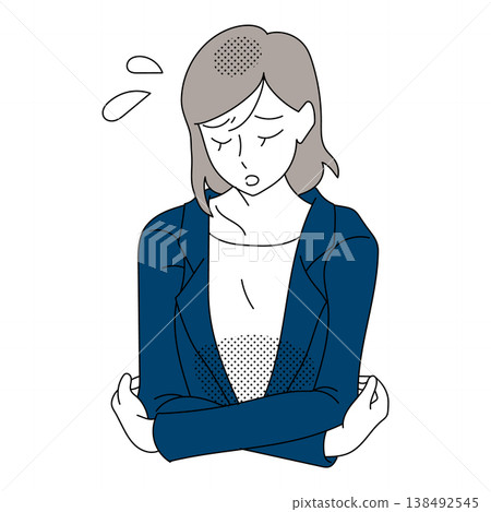 一幅插畫描繪了一位女商人雙臂交叉，嘆著氣的形象。 138492545