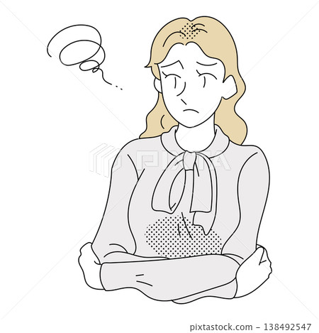 一幅插圖，描繪了一位金髮女商人雙手抱胸，正在思考。 138492547