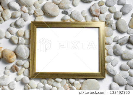 Golden Photo Frame Mockup Isolated on Small Stone Background 138492590