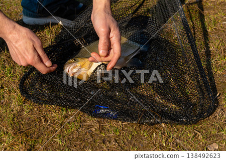 Fisherman Grabbing Big Fish Over Landing Net 138492623