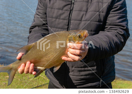 Man Holding Big Silver Fish Sideways Outdoors Man Holding Big Silver Fish Sideways Outdoors 138492629