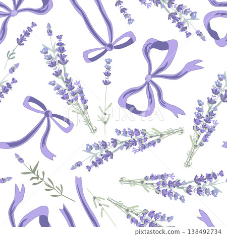 Lavender flowers posy and bows seamless pattern. Hand drawn vector illustration. Lavender flowers posy and bows seamless pattern. Hand drawn vector illustration. 138492734