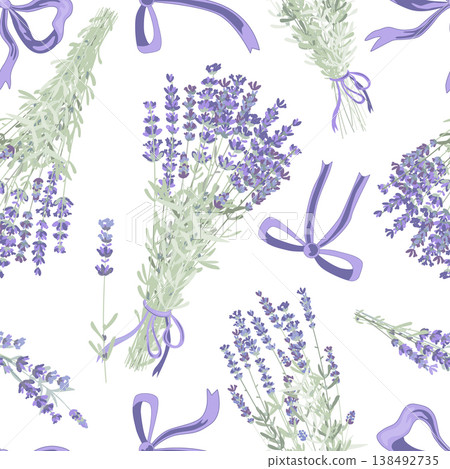 Lavender flowers bouquet and bows seamless pattern. Hand drawn vector illustration. 138492735