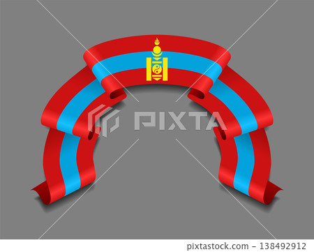 Mongolian flag wavy ribbon, ideal for patriotic badges, certificates, or cultural design themes. Vector illustration. 138492912