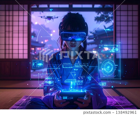 A woman in a kimono wearing VR goggles and manipulating a hologram in a Japanese-style room. 138492961