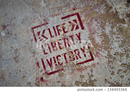 Graffiti Life Liberty Victory on Textured Concrete Surface Abandoned Water Park Graffiti Life Liberty Victory on Textured Concrete Surface Abandoned Water Park 138493368
