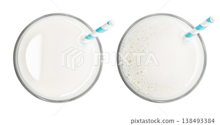 Milk glass with straw collection isolated on white. File contains clipping path 138493384