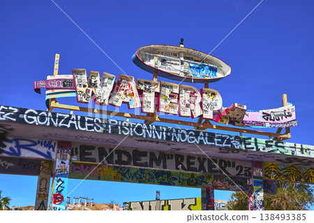 Abandoned Lake Dolores Water Park Graffiti Sign and Urban Decay in California 138493385