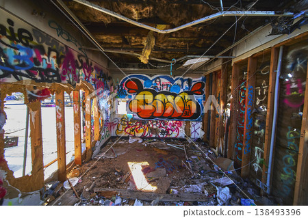 Abandoned Graffiti Covered Room at Lake Dolores Water Park in California Abandoned Graffiti Covered Room at Lake Dolores Water Park in California 138493396