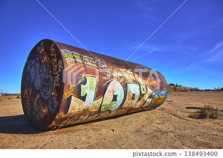 Graffiti Covered Tank in Desert Landscape at Abandoned Lake Dolores Water Park Graffiti Covered Tank in Desert Landscape at Abandoned Lake Dolores Water Park 138493400
