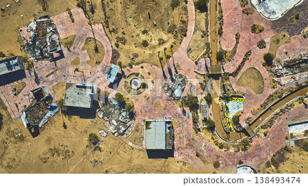 Aerial Abandoned Lake Dolores Water Park California Top Down Urban Decay Aerial Abandoned Lake Dolores Water Park California Top Down Urban Decay 138493474
