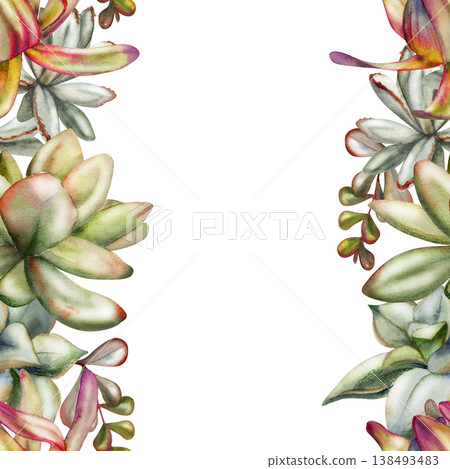 Botanical border of sedum fleshy leaves, echeveria rosettes, protea buds, kalanchoe succulent branches. Seamless isolated illustration hand drawn in watercolor. Modern stationery, eco invitations Botanical border of sedum fleshy leaves, echeveria rosettes, protea buds, kalanchoe succulent branches. Seamless isolated illustration hand drawn in watercolor. Modern stationery, eco invitations 138493483