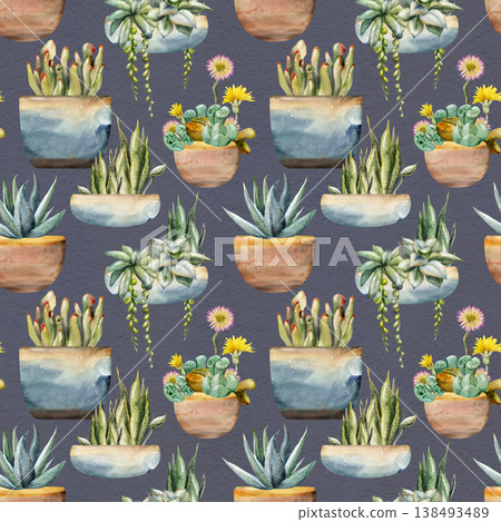 Rosette succulents, lithops flowers, sansevieria shoots, crassula in ceramic pots. Seamless botanical pattern hand drawn in watercolor. Fabric design, gift wrap, eco packaging, stationery backgrounds. Rosette succulents, lithops flowers, sansevieria shoots, crassula in ceramic pots. Seamless botanical pattern hand drawn in watercolor. Fabric design, gift wrap, eco packaging, stationery backgrounds. 138493489