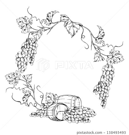 Arched grapevine with ripe berry bunches, leaves and new creepers over wine barrel kegs for storage. Wreath frame vector illustration hand drawn in ink. Wine tasting notebooks, festivals, stationery Arched grapevine with ripe berry bunches, leaves and new creepers over wine barrel kegs for storage. Wreath frame vector illustration hand drawn in ink. Wine tasting notebooks, festivals, stationery 138493493