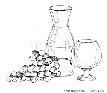Wine carafe decanter jug, empty balloon glass, harvested grape bunch still life. Ink vector illustration hand drawn for catering brochures and flyers, eco packaging, gift sets and presentation boxes Wine carafe decanter jug, empty balloon glass, harvested grape bunch still life. Ink vector illustration hand drawn for catering brochures and flyers, eco packaging, gift sets and presentation boxes 138493497