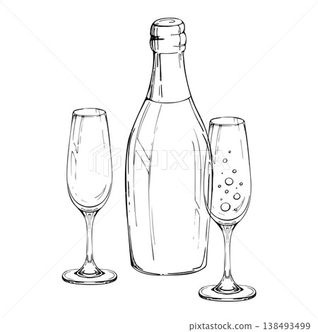 Bottle of sparkling wine, flute glasses with bubbles of fizzy wine hand drawn in ink linework. Isolated vector illustration. Vineyard marketing, wine packaging, menu design, birthday or anniversary. Bottle of sparkling wine, flute glasses with bubbles of fizzy wine hand drawn in ink linework. Isolated vector illustration. Vineyard marketing, wine packaging, menu design, birthday or anniversary. 138493499