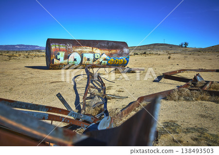 Abandoned Graffiti Covered Tank and Desert Wreckage California Water Park Ruins 138493503