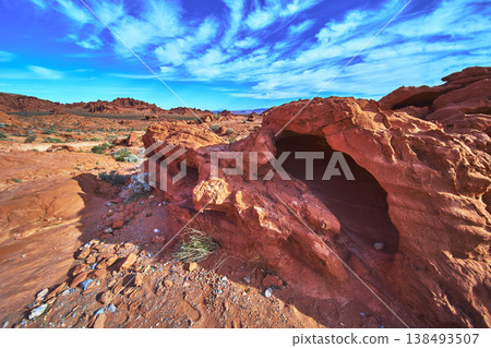 Red Sandstone Formations Desert Landscape and Dramatic Blue Sky Nevada 138493507