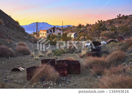 Abandoned Goldome Mill Graffiti Barrels and Desert Brush at Blue Hour Abandoned Goldome Mill Graffiti Barrels and Desert Brush at Blue Hour 138493616