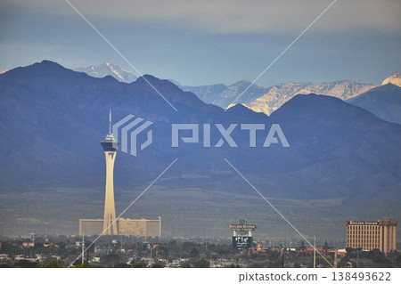 Stratosphere Tower Las Vegas Strip Skyline with Mt Charleston Mountain Backdrop Stratosphere Tower Las Vegas Strip Skyline with Mt Charleston Mountain Backdrop 138493622