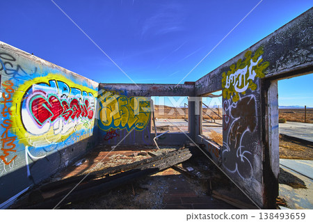 Abandoned Graffiti Covered Building Interior at Lake Dolores Water Park California Abandoned Graffiti Covered Building Interior at Lake Dolores Water Park California 138493659