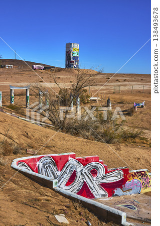 Abandoned Water Park Graffiti Desert Landscape and Ruins California Abandoned Water Park Graffiti Desert Landscape and Ruins California 138493678
