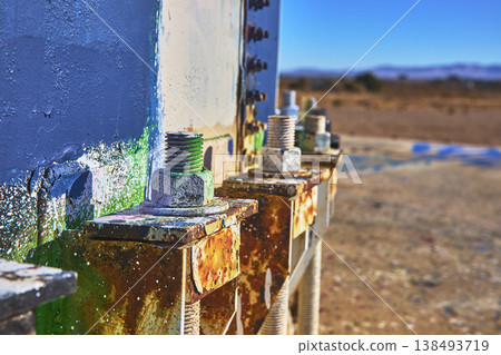 Close Up Rusted Bolts Graffiti Texture Abandoned Structure Desert Close Up Rusted Bolts Graffiti Texture Abandoned Structure Desert 138493719
