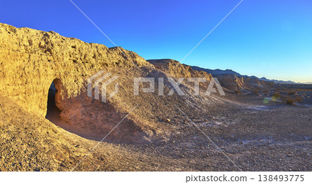 Panorama Golden Hour Rock Formation and Desert Landscape at Tule Springs Fossil Bed Panorama Golden Hour Rock Formation and Desert Landscape at Tule Springs Fossil Bed 138493775