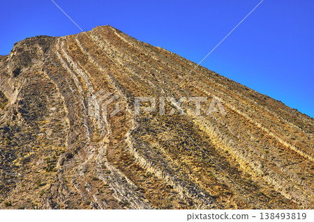 Desert Mountain Striations Under Clear Blue Sky Rugged Geology and Sparse Vegetation 138493819