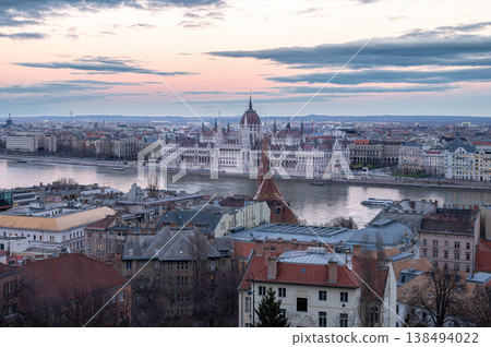 Panorama with building of Hungarian parliament at Danube river in Budapest city, Hungary Panorama with building of Hungarian parliament at Danube river in Budapest city, Hungary 138494022