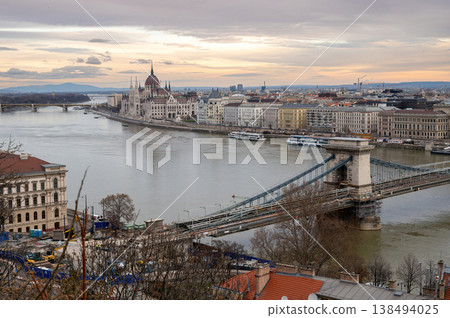 Panorama with building of Hungarian parliament at Danube river in Budapest city, Hungary 138494025