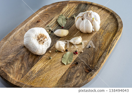 Garlic Ingredient Display on Wood Garlic Ingredient Display on Wood 138494043