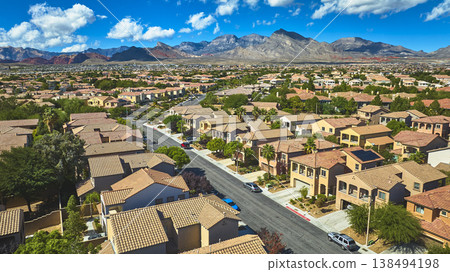 Aerial Las Vegas Residential Neighborhood With Red Rock Mountain And Blue Sky Aerial Las Vegas Residential Neighborhood With Red Rock Mountain And Blue Sky 138494198