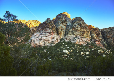Red Rock Canyon Sandstone Cliffs and Desert Vegetation at Golden Hour Red Rock Canyon Sandstone Cliffs and Desert Vegetation at Golden Hour 138494260