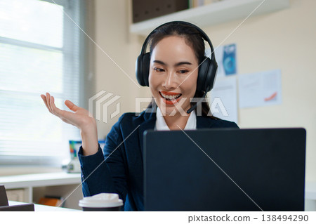 woman, call center agent or smile with voip for consulting, listening or contact us in office. Female consultant, customer service or tech support crm with headphones, microphone or help desk woman, call center agent or smile with voip for consulting, listening or contact us in office. Female consultant, customer service or tech support crm with headphones, microphone or help desk 138494290