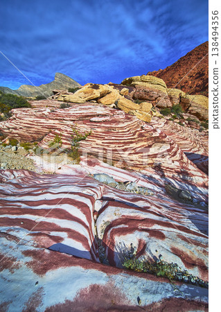 Striped Sandstone Formations Under Blue Sky Red Rock Canyon Landscape 138494356