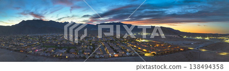 Aerial Las Vegas Lone Mountain Residential Neighborhood at Sunset Panorama Aerial Las Vegas Lone Mountain Residential Neighborhood at Sunset Panorama 138494358