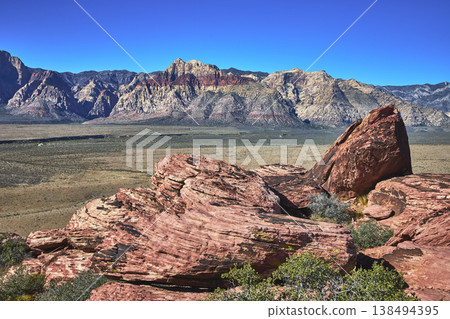 Red Rock Canyon Calico Hills and Desert Landscape Under Blue Sky Red Rock Canyon Calico Hills and Desert Landscape Under Blue Sky 138494395