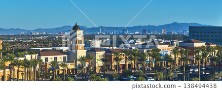 Aerial Las Vegas Strip Suburban Shopping Center and Palm Trees Panorama Aerial Las Vegas Strip Suburban Shopping Center and Palm Trees Panorama 138494438