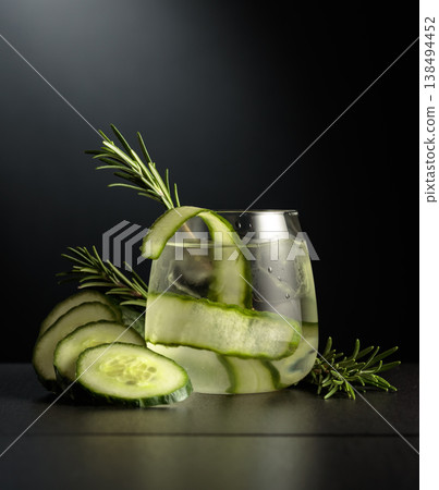 Cold refreshing drink with ice, cucumber, and rosemary. Cold refreshing drink with ice, cucumber, and rosemary. 138494452
