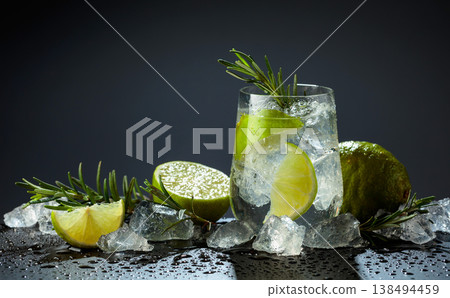 Gin and tonic cocktail made with dry gin, tonic water, lime, and ice. Gin and tonic cocktail made with dry gin, tonic water, lime, and ice. 138494459