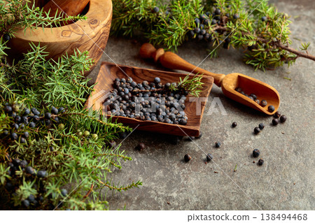 Juniper branches with fresh berries. 138494468