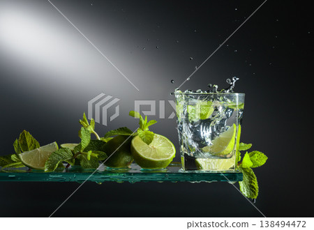 Cocktail mojito with lime slices and mint. 138494472