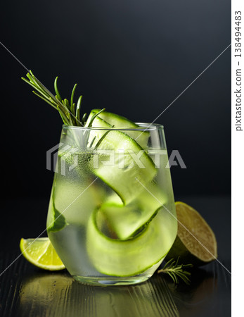 Gin tonic with ice, rosemary, lime, and cucumber in frosted glass on a black background. 138494483