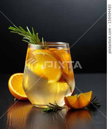 Gin tonic with ice, rosemary, and orange in frosted glass. 138494485
