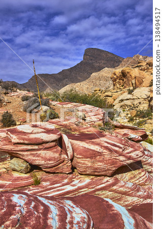 Colorful Sandstone Formations with Turtlehead Peak and Desert Plants in Red Rock Canyon 138494517