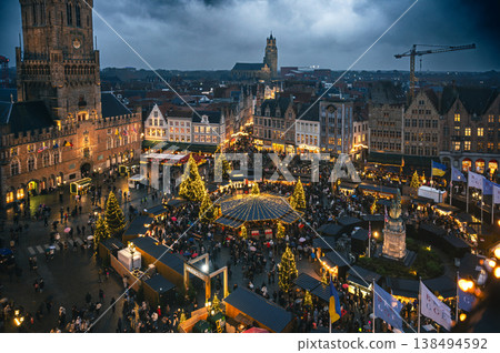 Christmas market decorated and illuminated in Bruges, Belgium. 138494592