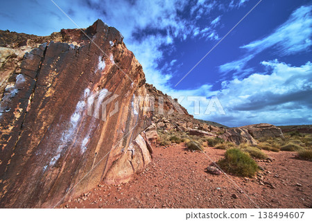 Red Rock Canyon Sandstone Rock Climbing Wall with Chalk in Desert Landscape Red Rock Canyon Sandstone Rock Climbing Wall with Chalk in Desert Landscape 138494607
