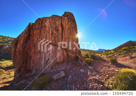 Red Rock Canyon Sunburst Over Guardian Angel Rock Formation Nevada Desert Landscape 138494720